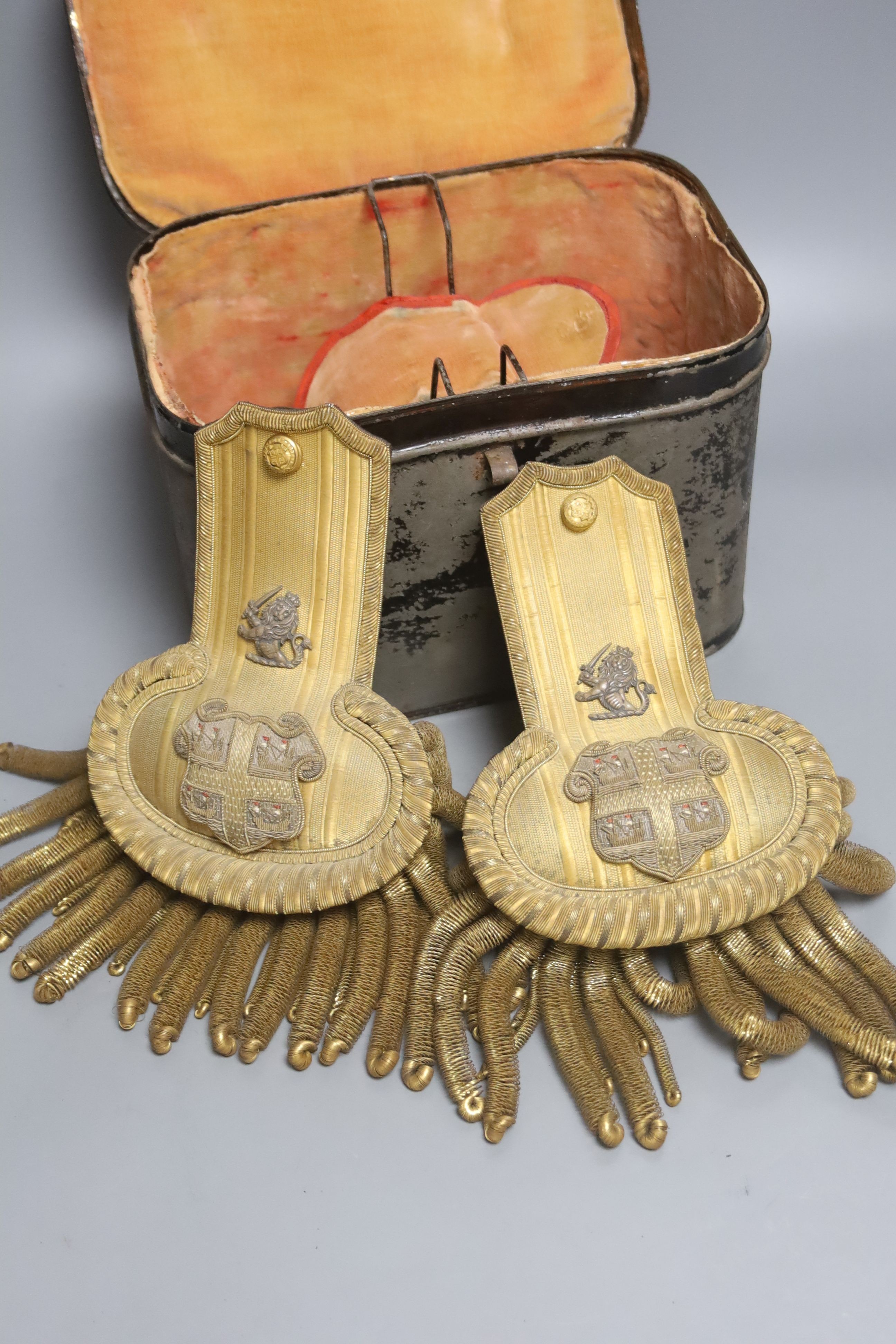 A pair of Victorian 'Elder Brother of Trinity House' bullion work epaulettes in toleware box